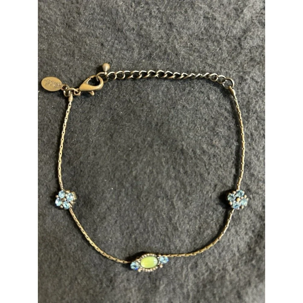 Signed Park Lane Bracelet Copper Tone With Blue Crystals and Green Gemstone J116